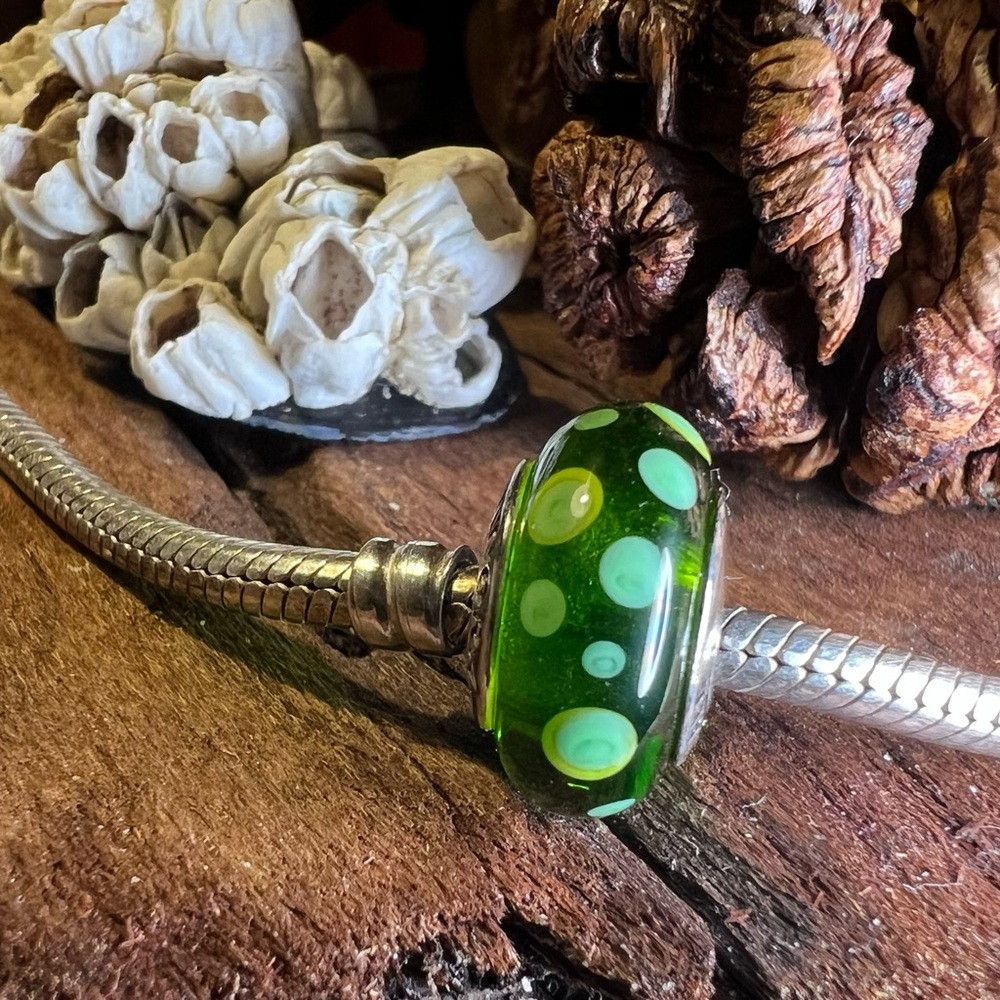 Authentic Pandora Charm Green Bubbles Yellow Murano Glass Bead Dotted